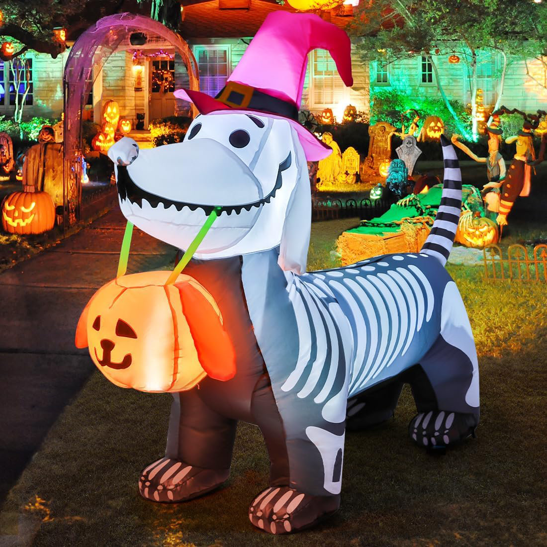 The Holiday Aisle Fassett Halloween Inflatable 5.7 FT Skeleton Puppy Dog Inflatable with Build in LEDs Reviews Wayfair